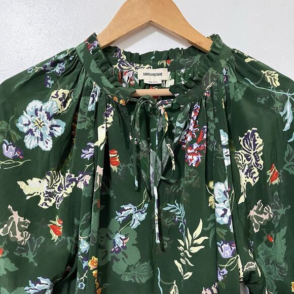 Zadig & Voltaire Theresa Floral Peasant Silk Blouse Size S Green Bloomcore - Picture 3 of 7